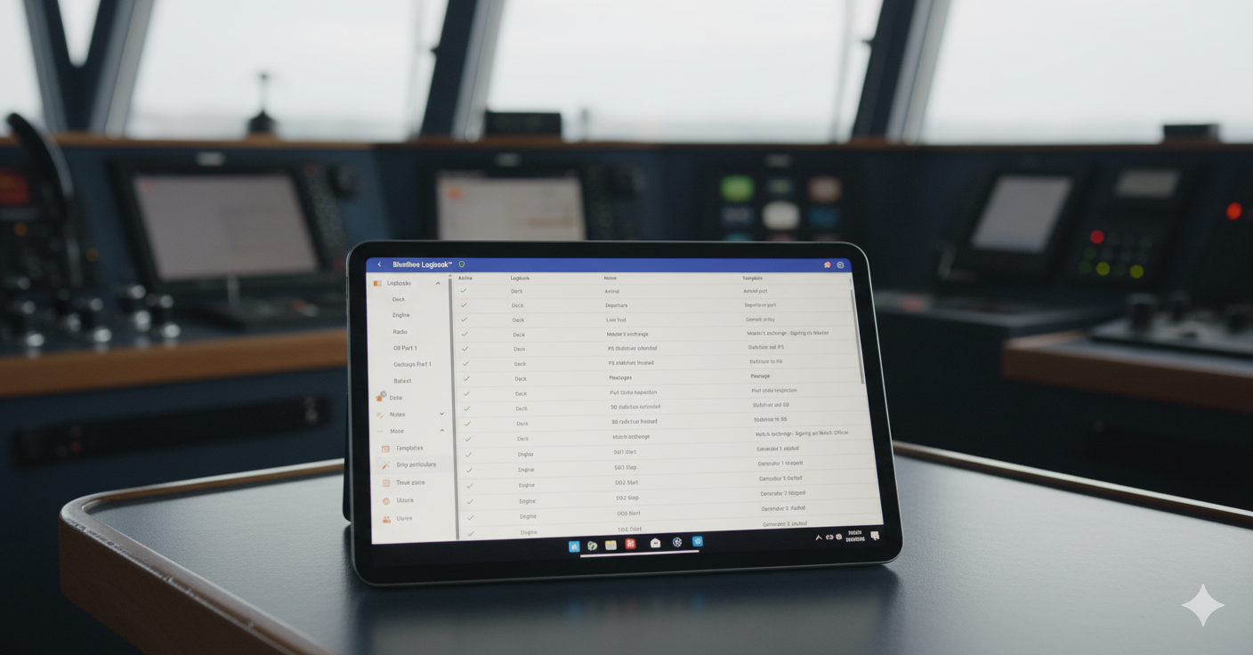 Blueflow Logbook running on a tablet on the ship's bridge